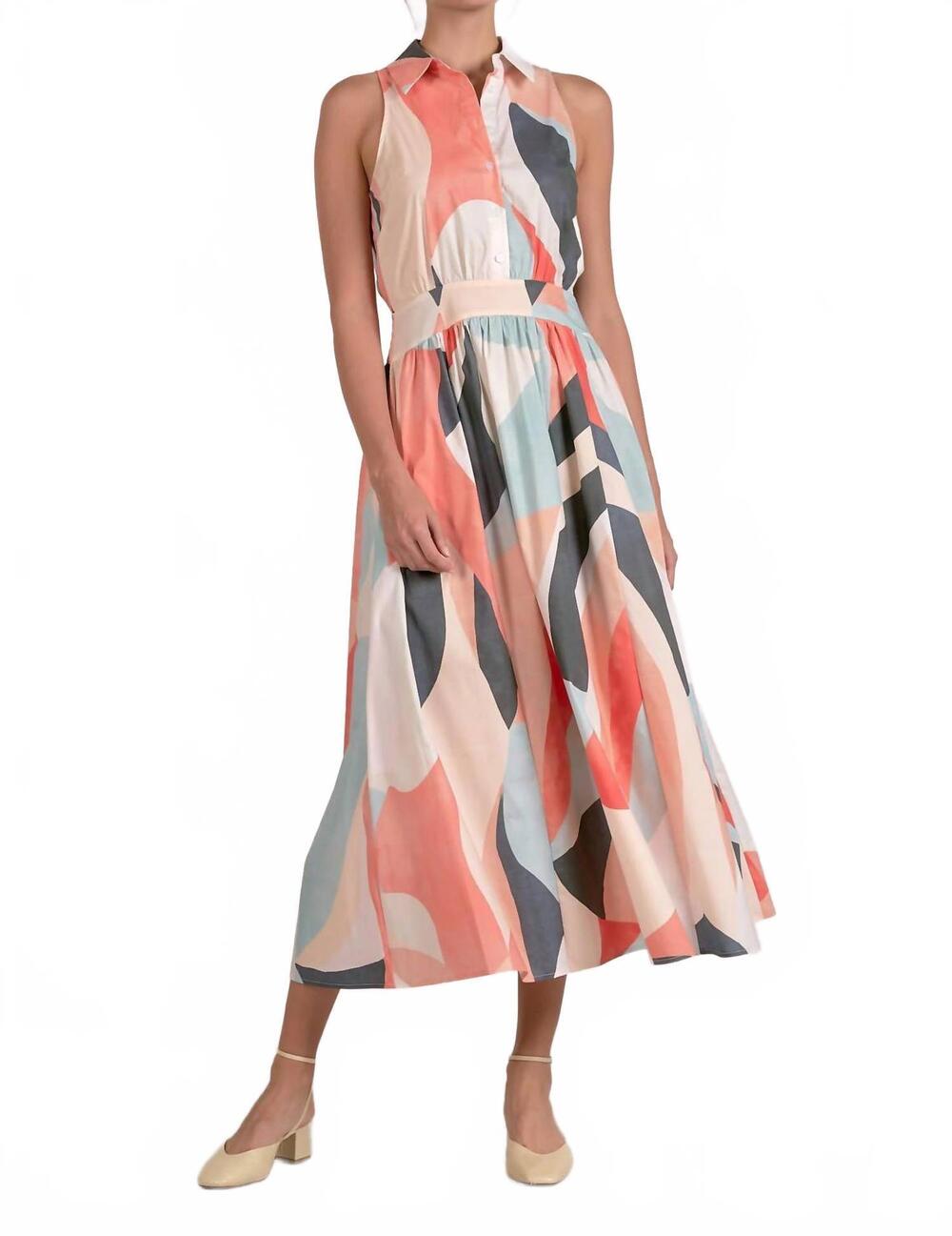 NEW ELAN abstract print collared maxi dress in multi prism